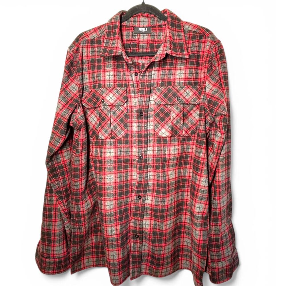 FAVELA L Shirt Mens Flannel Button Up Down Streetwear high-quality Grunge